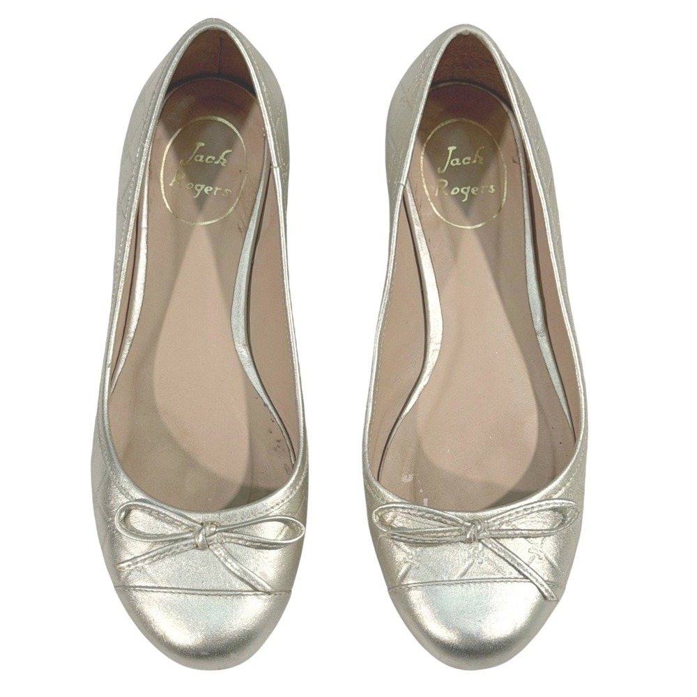 Jack Rogers Gold Quilted Leather Ballet Flats Womens 6.5M Bow Round Toe